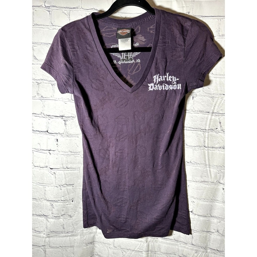 Harley-Davidson Womens Purple V-Neck T-Shirt Jim's St Petersburg FL Logo Small